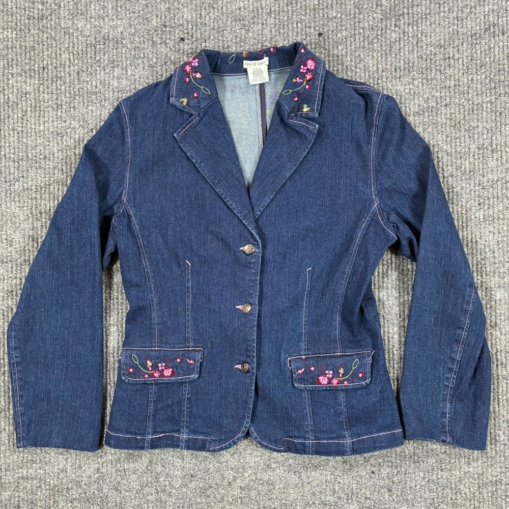 David Paul Womens Embroidered Denim Blazer Jacket Size 8 Floral Western Blue